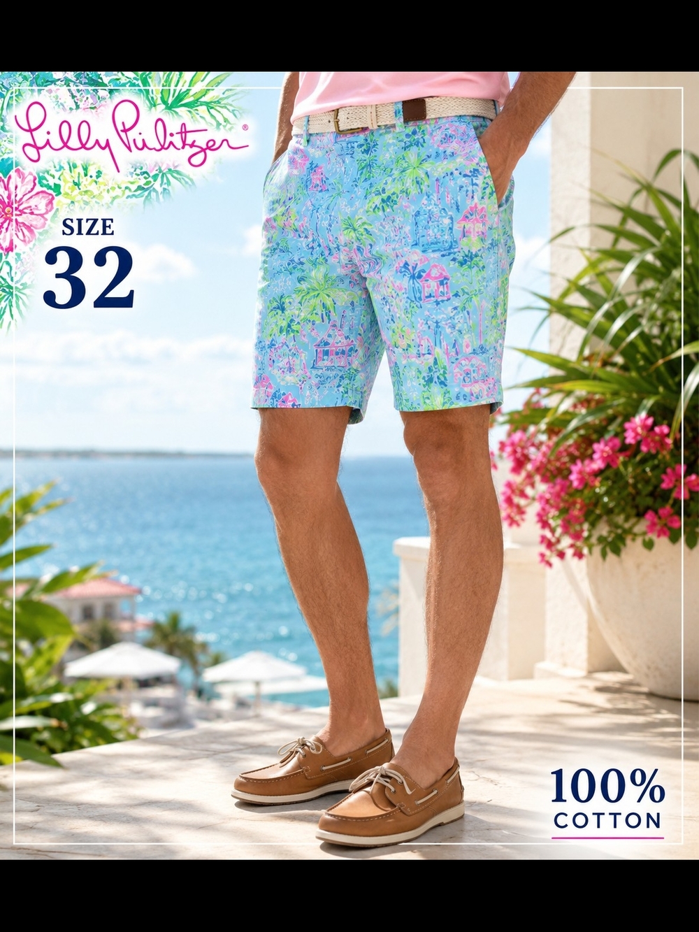 Lilly Pulitzer Men Beaumont Short What A Lovely Place 100% Cotton Size 32
